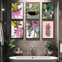 Póster de Animal de cebra, planta Tropical, piña, baño en maceta, leopardo rosa, pintura en lienzo, decoración artística de pared, baño adecuado - details 1