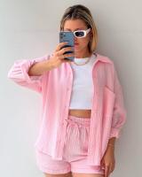 Conjunto de dos piezas para mujer, camisa de manga larga con cuello vuelto de tela arrugada, pantalones cortos con cordón de cintura alta, moda informal de talla grande - details 41