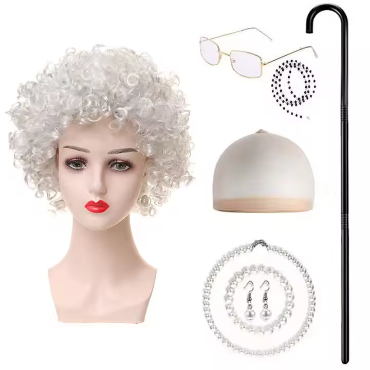 Peluca, pelo corto rizado abuela, conjunto de Peluca de mediana edad y ancianos - 1