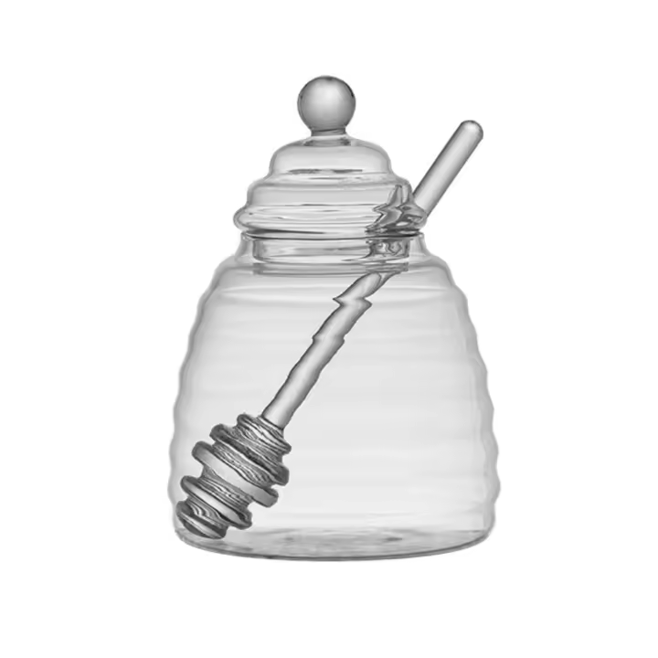 Olla de miel de vidrio para cocina, tarro de miel transparente con forma de panal con cucharón y tapa, botella de miel para boda, fiesta, oficina, cocina y hogar - 1