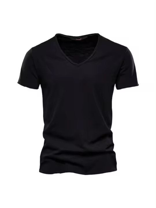 Verano de los hombres nuevo color sólido de algodón de bambú con cuello en V camiseta de manga corta ropa de los hombres. - 1