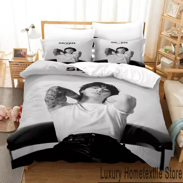 Conjunto de Ropa de Cama 3D Kpop Jeon Jung Kook Funda de Edredón Rey de Twin para Hombres, Mujeres, Adultos Cojín de Almohada de Confort - 1