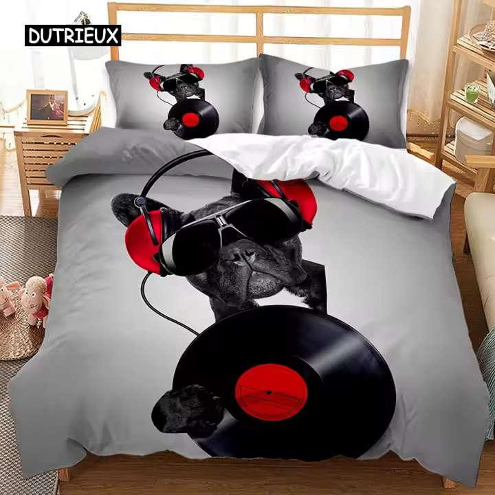 Juego de Funda de Edredón de Bulldog Diseño de Tema Animal en Negro y Blanco - 1