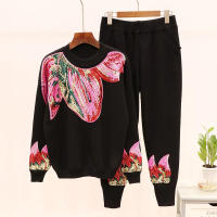 Conjunto de dos piezas con flores y lentejuelas, suéter de punto de manga larga para mujeres y pantalones casuales largos, traje - details 1