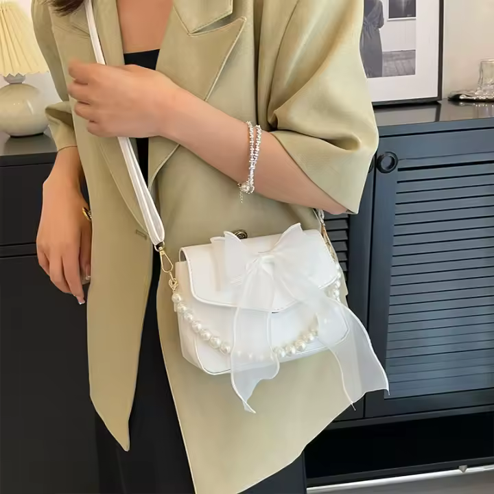 Glovento-Bolso Mini Cuadrado para Mujer |   Lazo y Perlas Elegantes |   Regalo San Valentín - 1