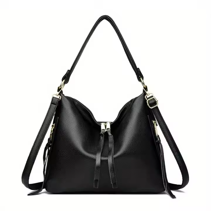 Bolso de Hombro Tipo Cubo con Borlas de Moda 2025 - Cuero Genuino Negro, Correa Ajustable para Hombro y Cruzado con Cierre de Cremallera, Detalle de Borlas Elegante, Perfecto para Uso Casual y Diario, Bolso de Hombro Informal |   Bolso de Moda con Borlas - 1