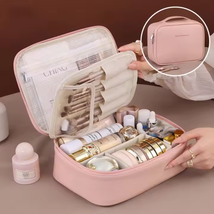 Bolsa de cosméticos de cuero PU cuadrada a la moda, bolsa de maquillaje impermeable con cremallera, bolsa de viaje desmontable de estilo coreano para mujer/niña - 1