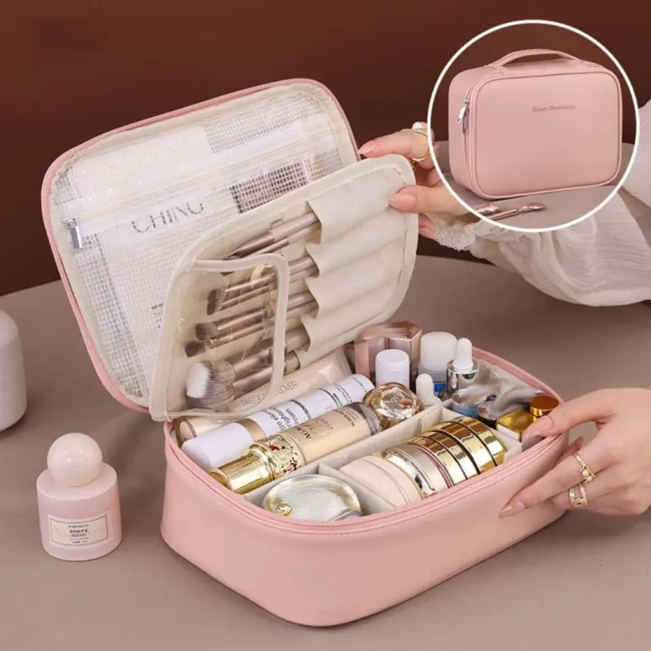 Bolsa de cosméticos de cuero PU cuadrada a la moda, bolsa de maquillaje impermeable con cremallera, bolsa de viaje desmontable de estilo coreano para mujer/niña - 1