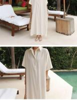 Novedad de verano, camiseta de Color liso con cuello vuelto, vestido largo informal holgado de manga corta con botones para mujer, bata de estilo coreano para mujer - details 8