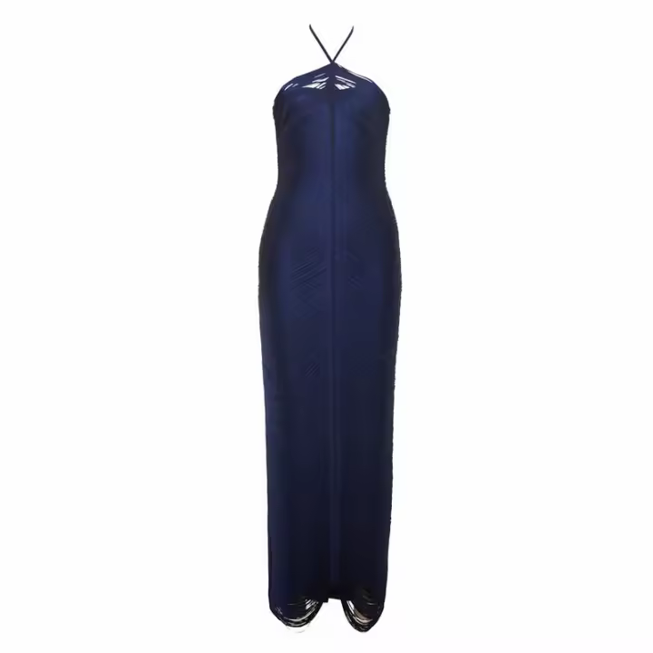 Vestido largo sin mangas con cuello Halter y borlas para mujer, vestido de fiesta adelgazante alto para banquete de boda de noche ajustado de verano - 1