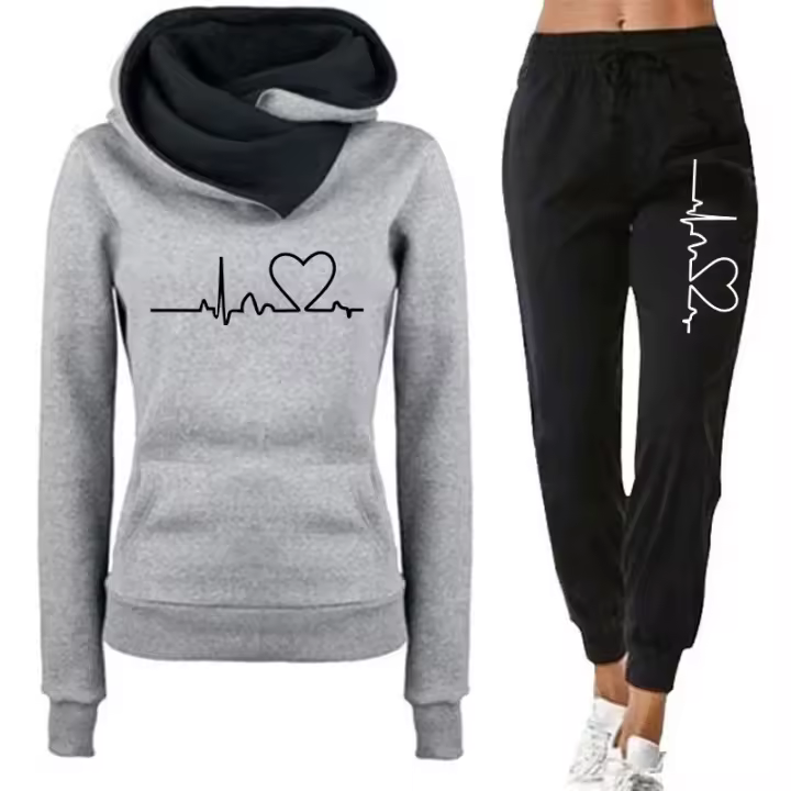 Conjunto De Ropa De Mujer Con Capucha Doble Y Estampado De Corazón 2 Piezas Camiseta De Manga Larga Y Pantalones Casuales Para Otoño E Invierno - 1