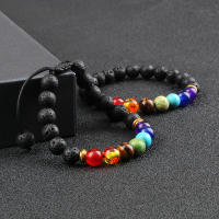 2 uds piedra Natural 7 Chakra curación con cuentas pulseras trenzadas ajustables hombres 8mm pulsera elástica de Lava mujeres Reiki joyería de Buda - details 3