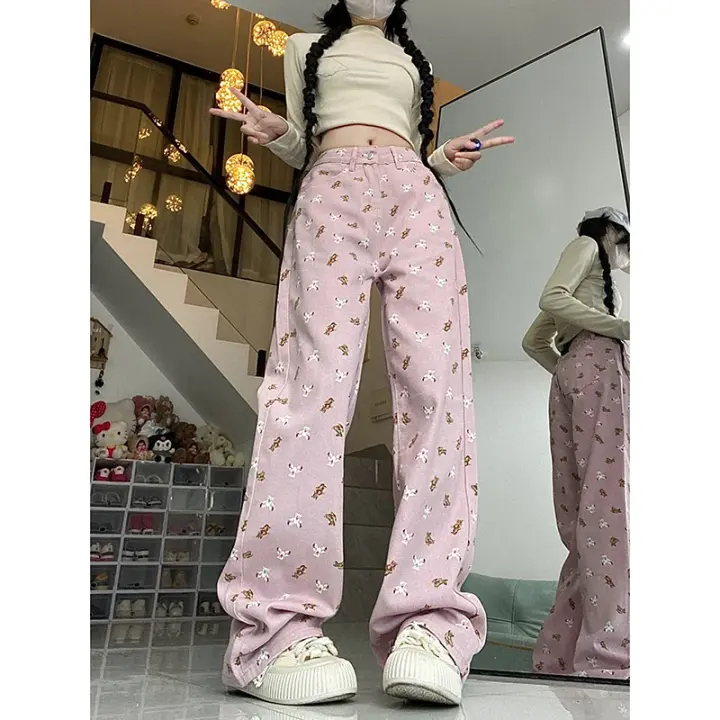 Pantalones vaqueros rosas Vintage de cintura alta para mujer, ropa de calle elegante a la moda americana, pantalones vaqueros de pierna ancha, pantalones femeninos con estampado, pantalones vaqueros holgados - 1