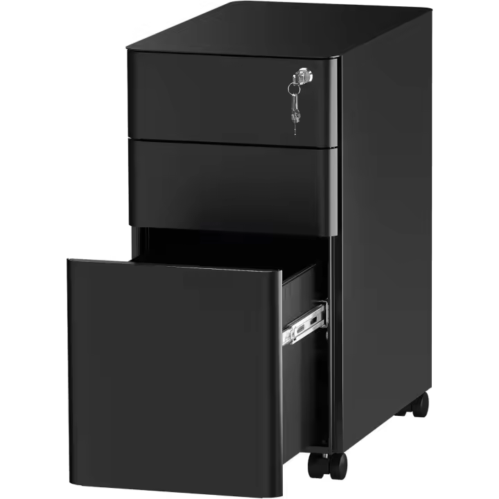 Cajonera de Oficina con 3 Cajones, Armario Archivador Metalico con Ruedas, Móvil Mueble Oficina Archivador con Cerradura y Llave para Carta/A4, Negro, 46 x 30 x 59cm - 1