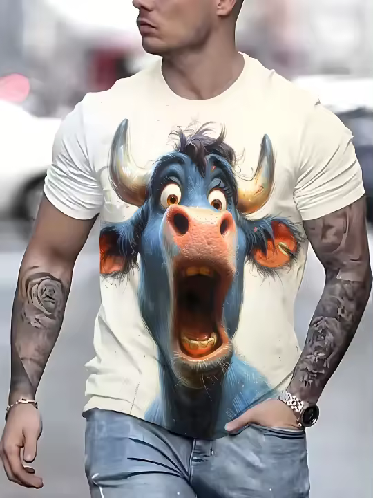 Camiseta con estampado de toro en 3D para hombre, manga corta informal, cuello redondo, poliéster, ligera, perfecta para el verano, camiseta diaria |   Camisa estilo vintage |   Material microelástico - 1