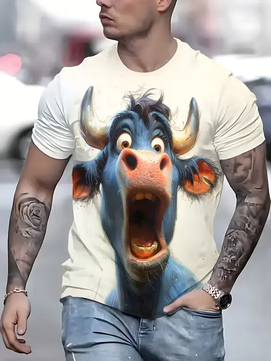 Camiseta con estampado de toro en 3D para hombre, manga corta informal, cuello redondo, poliéster, ligera, perfecta para el verano, camiseta diaria |   Camisa estilo vintage |   Material microelástico - 1