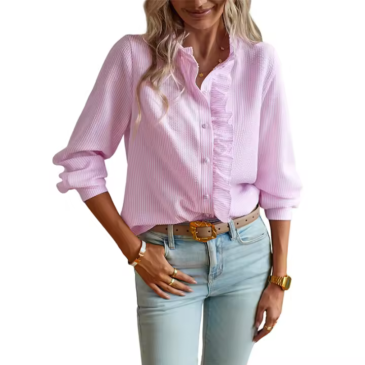 OmHO Camisa Larga a Rayas para Mujer, blusa Blanca con Cuello de Cordones, botones, otoño e Invierno - 1