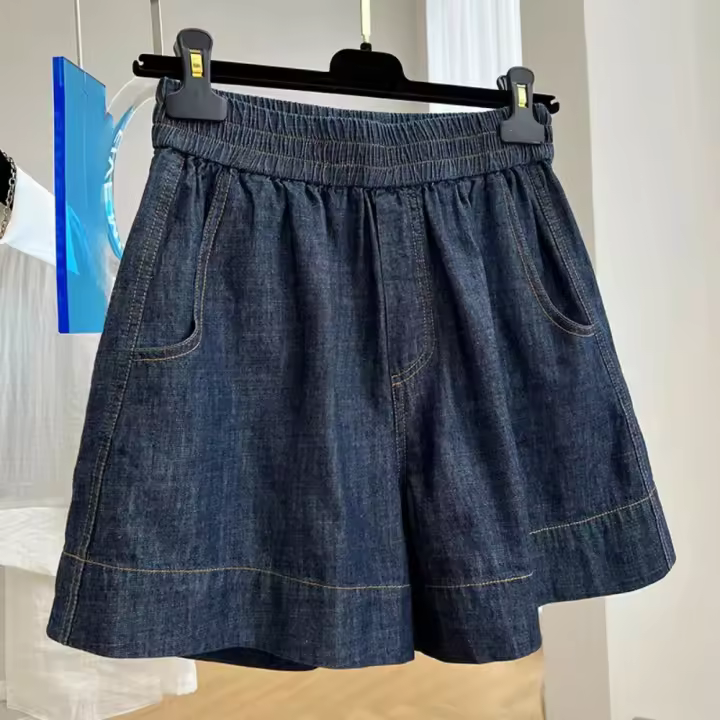 Pantalones Cortos de Cuerda para Mujer Pantalones de Verano Informales con Estilo Elegante y Ligero de Vaquero Azul - 1