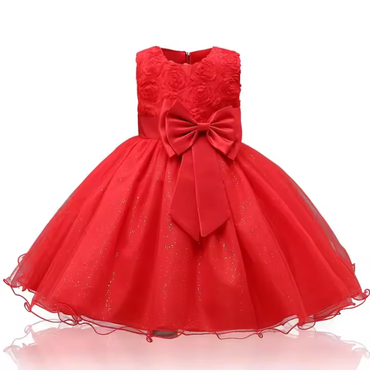 Elegante Vestido de Princesa para Niñas Talla de Flor Elegante Grandes Lazos - 1