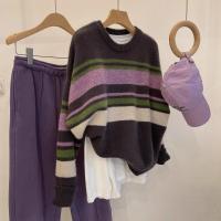 Moda Púrpura Rayas Suéter De Punto Holgado, Top Perezoso - details 4