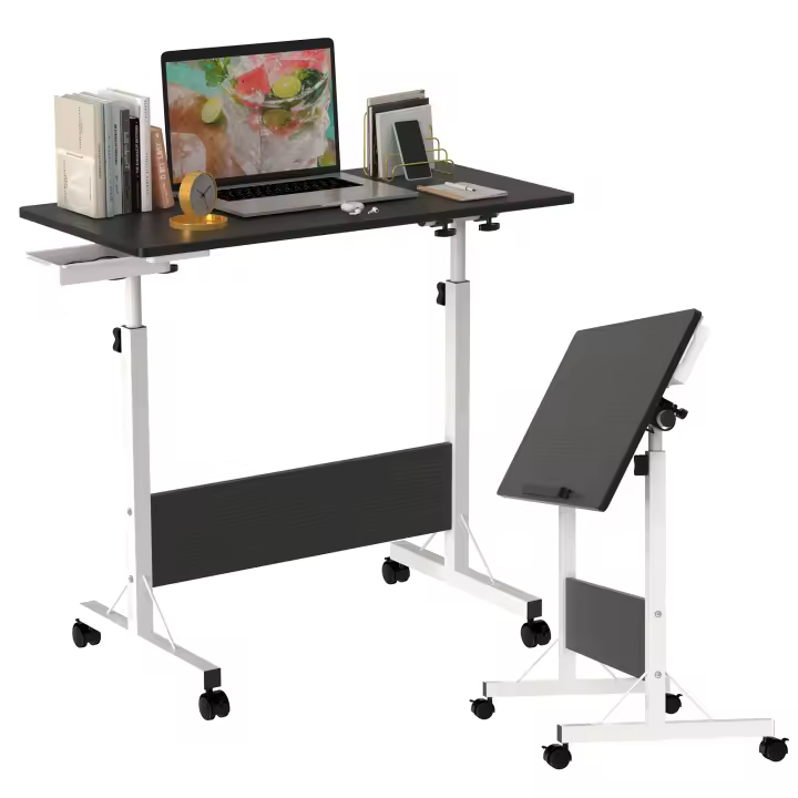 Rcynview Móvil Office Side Table Ajustable de Altura, Plegable, 4 Ruedas Bloqueables, Ideal para Sofá, Habitación, Madera - 1