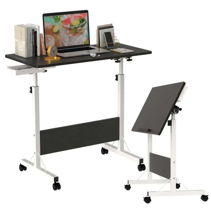 Rcynview Móvil Office Side Table Ajustable de Altura, Plegable, 4 Ruedas Bloqueables, Ideal para Sofá, Habitación, Madera - 1