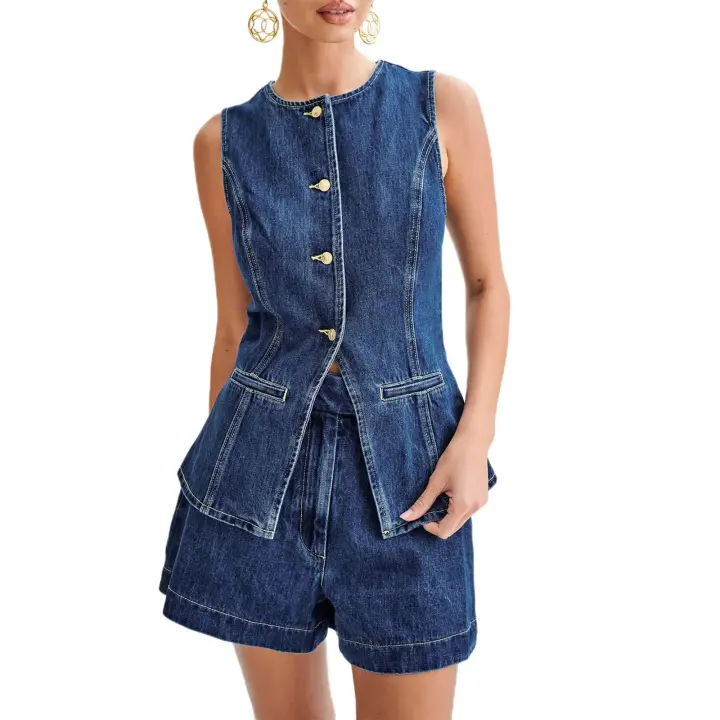 Chaleco vaquero ajustado Retro Vintage Uste, sin mangas, espalda con aguja, bolsillos redondos, ropa de mujer de estilo - 1
