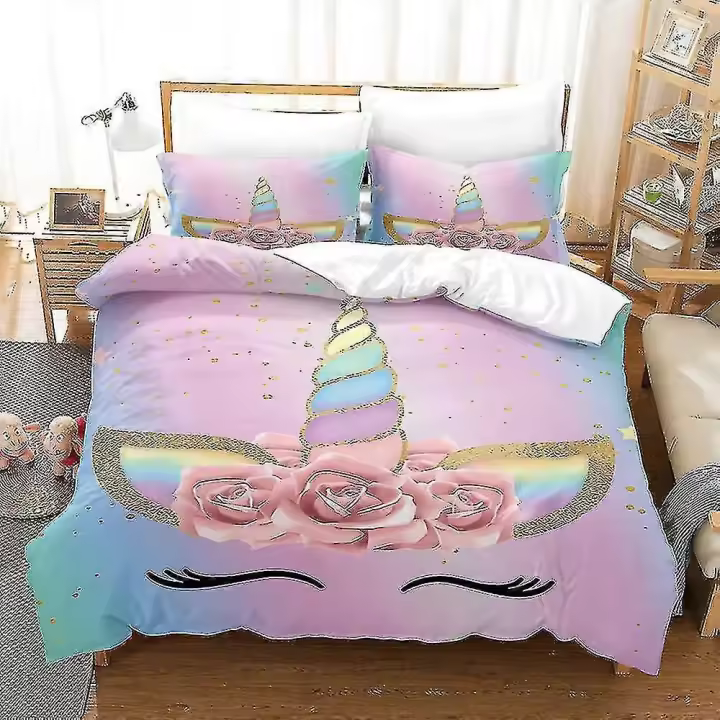 Dj 07 #   Juego de cama con estampado 3d de unicornio colorido, funda nórdica, juego de cama de tres piezas - 1