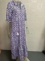 Vestido largo bohemio de verano para mujer, vestidos Vintage con estampado ral y manga con cuello en V, vestido de playa holgado informal con cordón para mujer - details 1