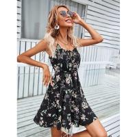 Vestido corto de verano nuevo elegante sin mangas con estampado y correa elástica en la cintura para mujer. - details 7