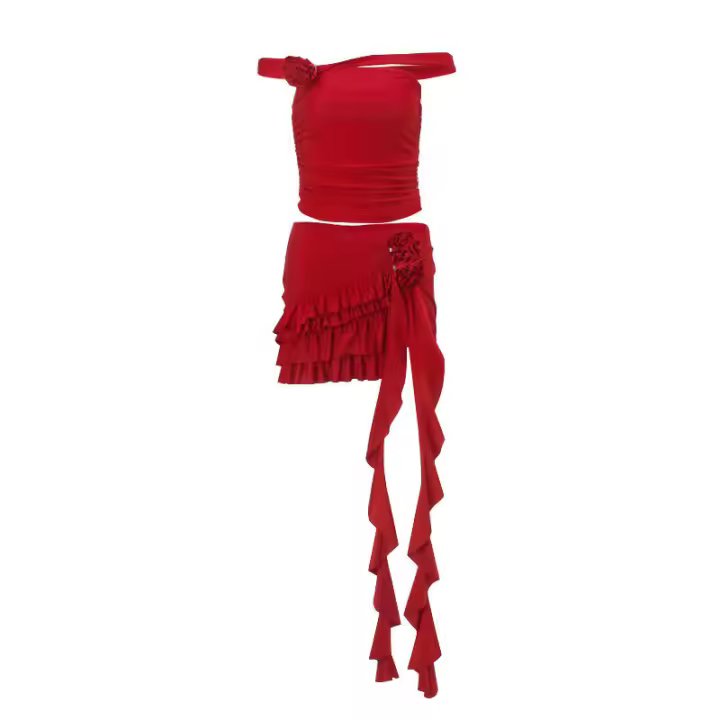 BUNO-Conjunto de 2 piezas con apliques florales para mujer, traje fruncido con detalle de volantes, top sexy y falda a juego - 1