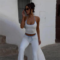 BUNO-Conjunto de 2 piezas con estampado de letras de gato extraño para mujer, Tops cortos ajustados con cuello Halter + pantalón acampanado elástico con cordón, trajes sencillos informales para vacaciones - details 2