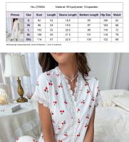 Conjunto de dos piezas de pijama con top y pantalones con ribete de encaje y estampado de cerezas para mujer, conjunto informal y cómodo de manga corta y pantalones, ropa de dormir para todas las estaciones, pijamas para mujer, conjunto de salón para muje - details 1