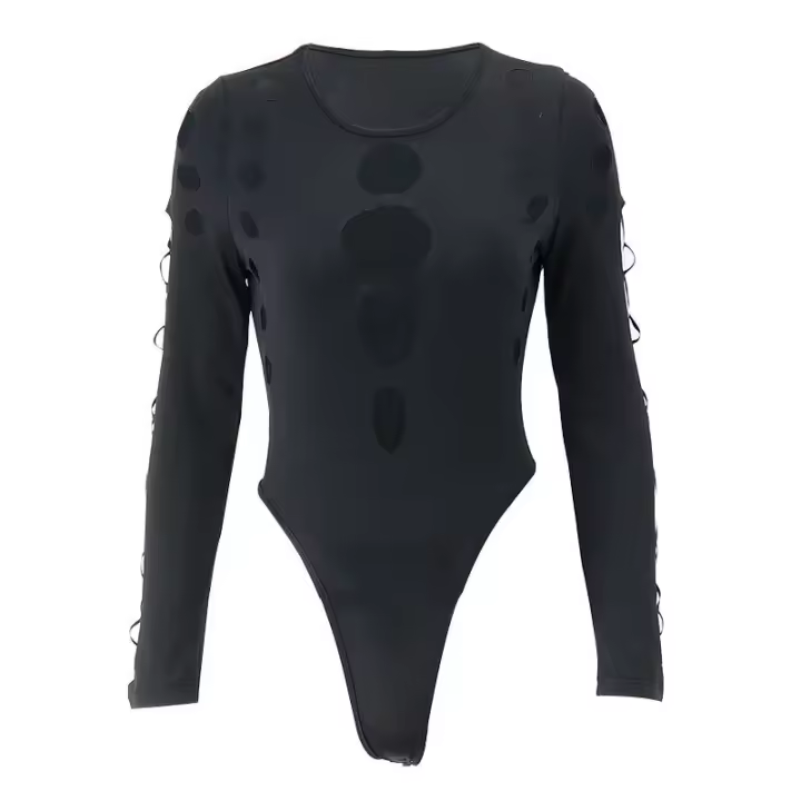 BUNO-Camiseta con lunares calados para mujer, camiseta Sexy Y2K gótica Punk de manga larga, ropa de calle de otoño, monos con corpiño ajustado - 1
