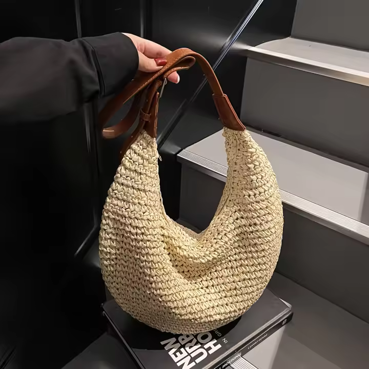 Bolso de Mano de Paja Tejida de Color Sólido Gran Capacidad Ideal para Vacaciones, Compras, Acampar - 1