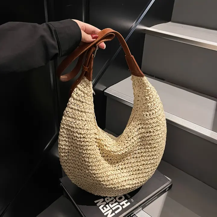 Bolso de Mano de Paja Tejida de Color Sólido Gran Capacidad Ideal para Vacaciones, Compras, Acampar - 1