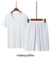 Conjunto de camiseta y pantalones cortos sin costuras de seda helada para hombre, ropa deportiva elástica de secado rápido con cuello redondo, ropa de dormir informal, ropa fina para el hogar - details 13