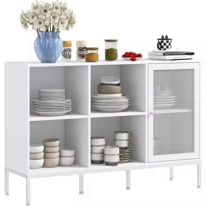 Aparador de Cocina Mueble Aparador con Puerta de Malla 4 Compartimentos Abiertos y Estante Ajustable Mueble de Cocina Moderno Bueffet para Salón Comedor 120x37x81,5 cm Blanco - 1