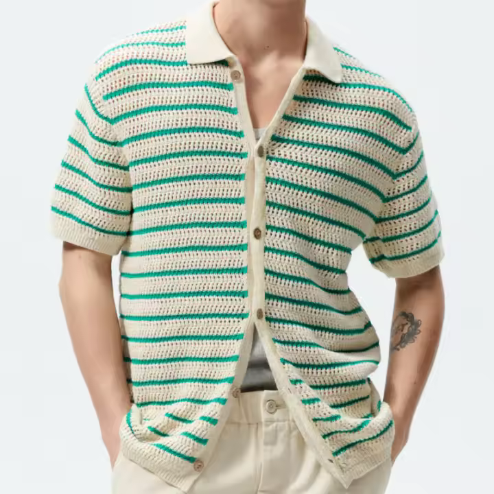 Nuevo suéter de punto de verano para hombres, camisa POLO informal de lana a rayas para hombres - 1