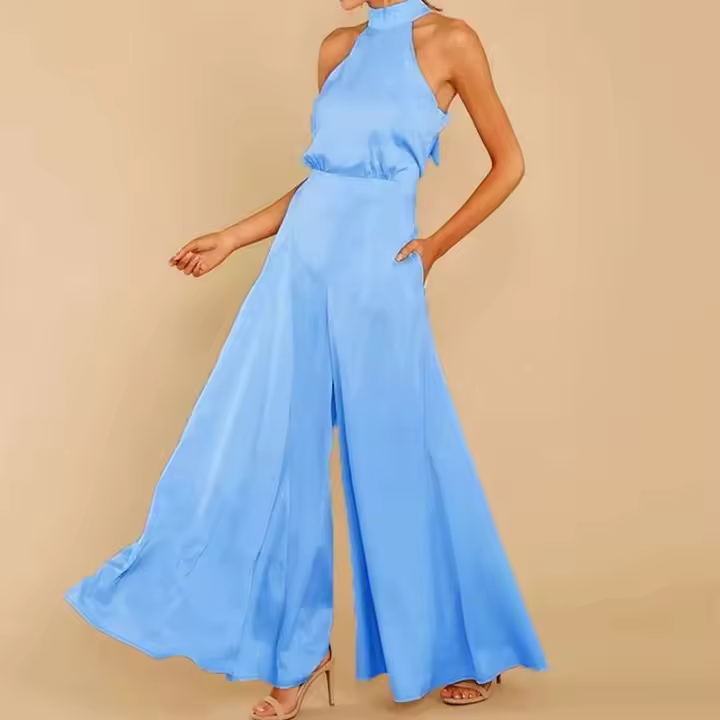 Mono de Pantalones Grandes Piernas para Mujer Ouwu Mono Halter con Lazo en Espalda de Color Sólido - 1