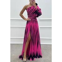 2025Vestido de fiesta de rayas para mujer, estampado inclinado, un hombro dividido, informal, suelto, cintura alta, moda Sexy - details 7