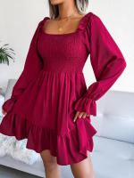 Vestido elegante de manga larga para mujer, falda con cuello cuadrado, vestido con volantes de color sólido, moda de primavera y otoño - details 13