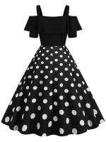 Vestido de fiesta Vintage elegante con hombros descubiertos, vestidos Midi de verano con lunares y volantes para mujer - details 17