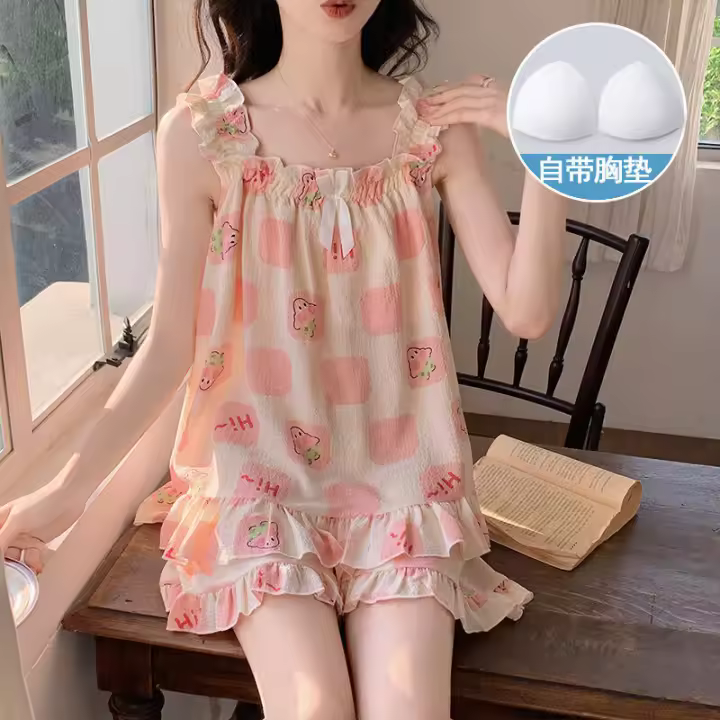 Ropa de dormir acolchada para mujer, camisola, pantalones cortos, conjunto de verano, ropa de dormitorio Floral de alto valor para chica dulce - 1