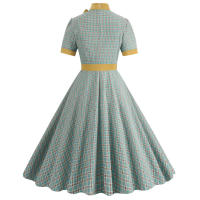 Vestido largo Retro de Navidad, cuello de pie, lazo de corbata, a cuadros, grande - details 1
