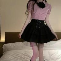 Falda de pastel de malla multicapa de verano para mujer, falda JK de encaje de malla de cintura alta con cordones, falda de pastel esponjosa negra - details 2