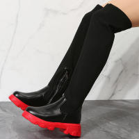 Botas de cuero por encima de la rodilla para mujer, zapatos de tacón grueso de punto rojo, terciopelo cálido, punta redonda, transpirables, talla grande, invierno, 2023 - details 12