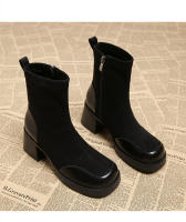 Temperamento de cuero Botas cortas francesas de tacón alto Cabeza cuadrada Tacón grueso Botas delgadas elásticas - details 17