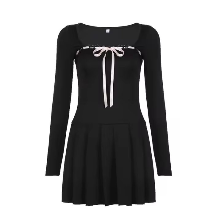 Vestido Acampanado de Parches Mini Casual Cuello Cuadrado Manga Larga Moda de Otoño y Primavera 2025 - 1