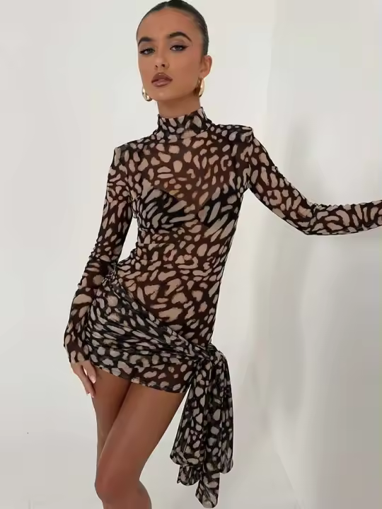 JULISSA MO-vestido Bandage de leopardo con cuello alto para mujer, vestido de manga larga y cintura alta, ropa ajustada elegante para fiesta y discoteca - 1